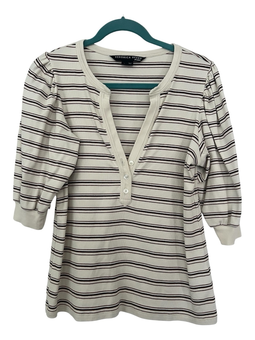 Veronica Beard Cream and Black Striped Short Sleeve Henley Tee